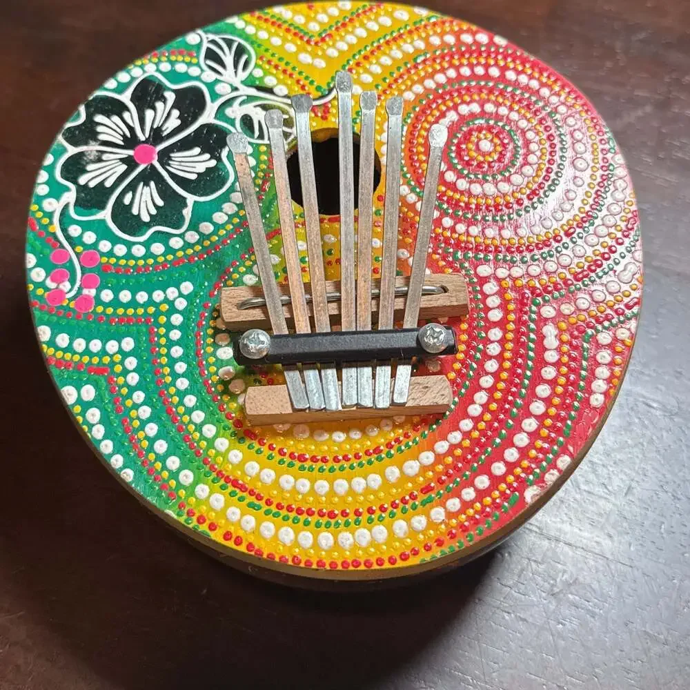 7-Key Kalimba Hand-Painted Coconut Shell Thumb Piano Floral Design 6”